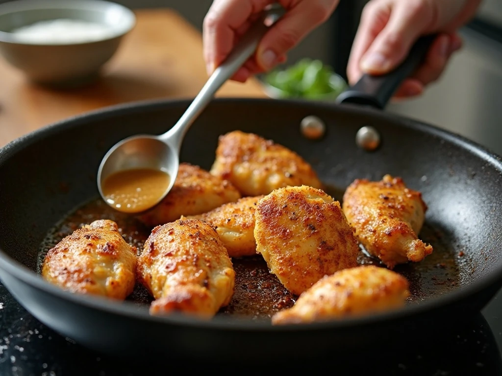 Chicken bites browning in a skillet before adding honey garlic sauce