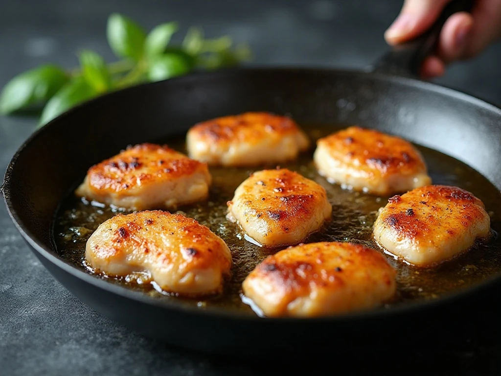 Chicken pieces browning evenly in a skillet
