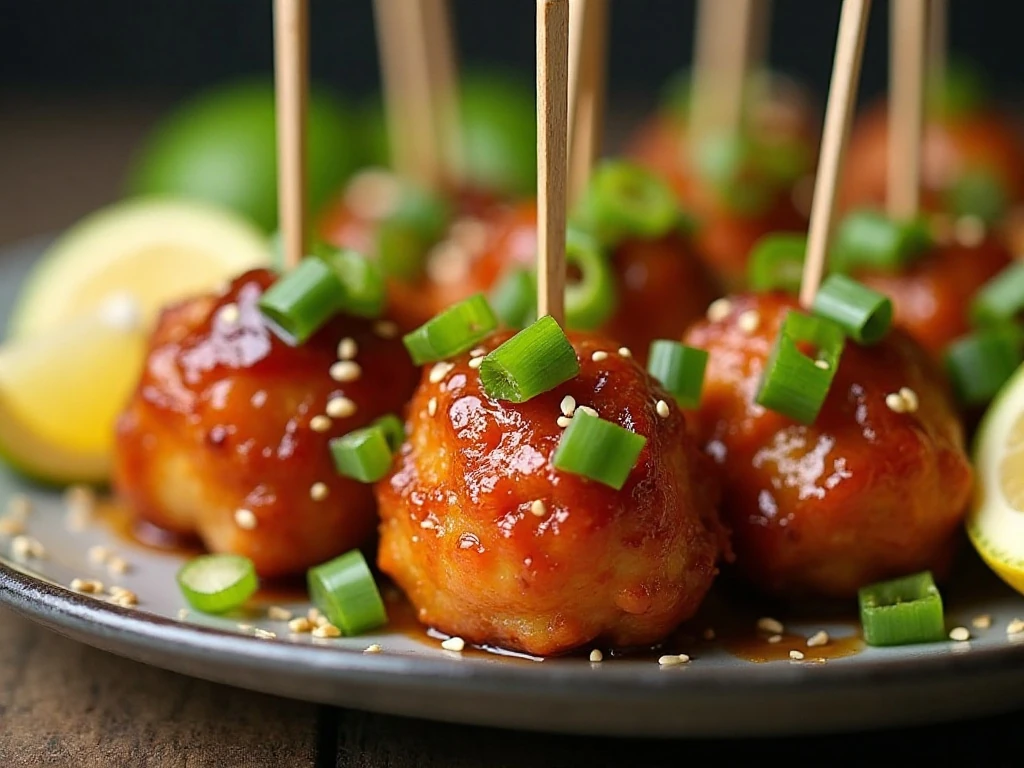 Honey garlic chicken bites with green onions sesame seeds and citrus