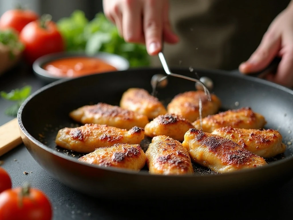 Chicken bites searing in a skillet before the honey garlic sauce is added