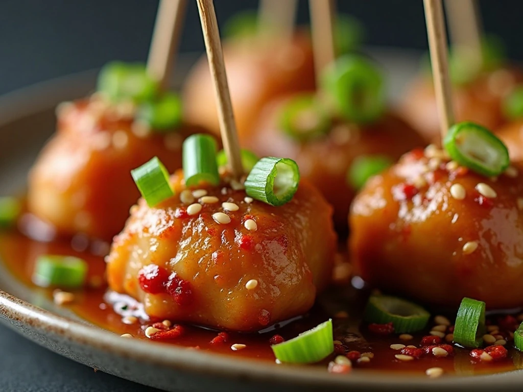 Honey garlic chicken bites with green onion and sesame garnish