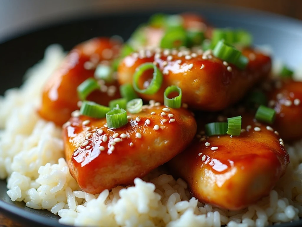 Honey garlic chicken garnished with green onions and sesame seeds