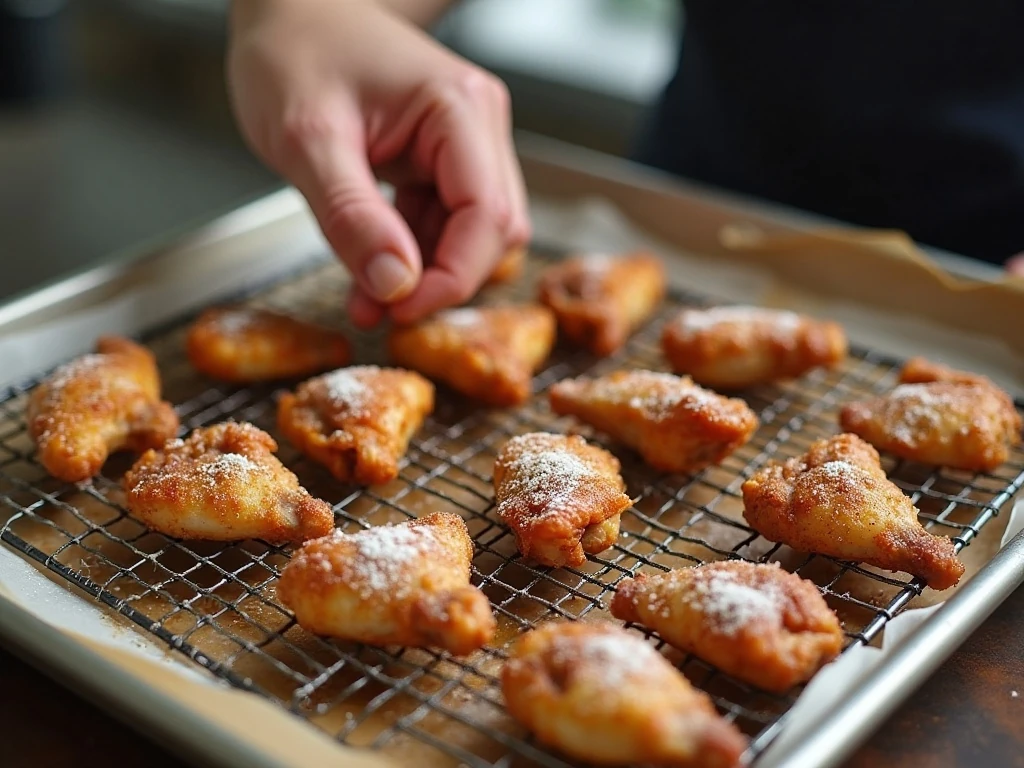 Seasoned chicken wings arranged on a wire rack before baking