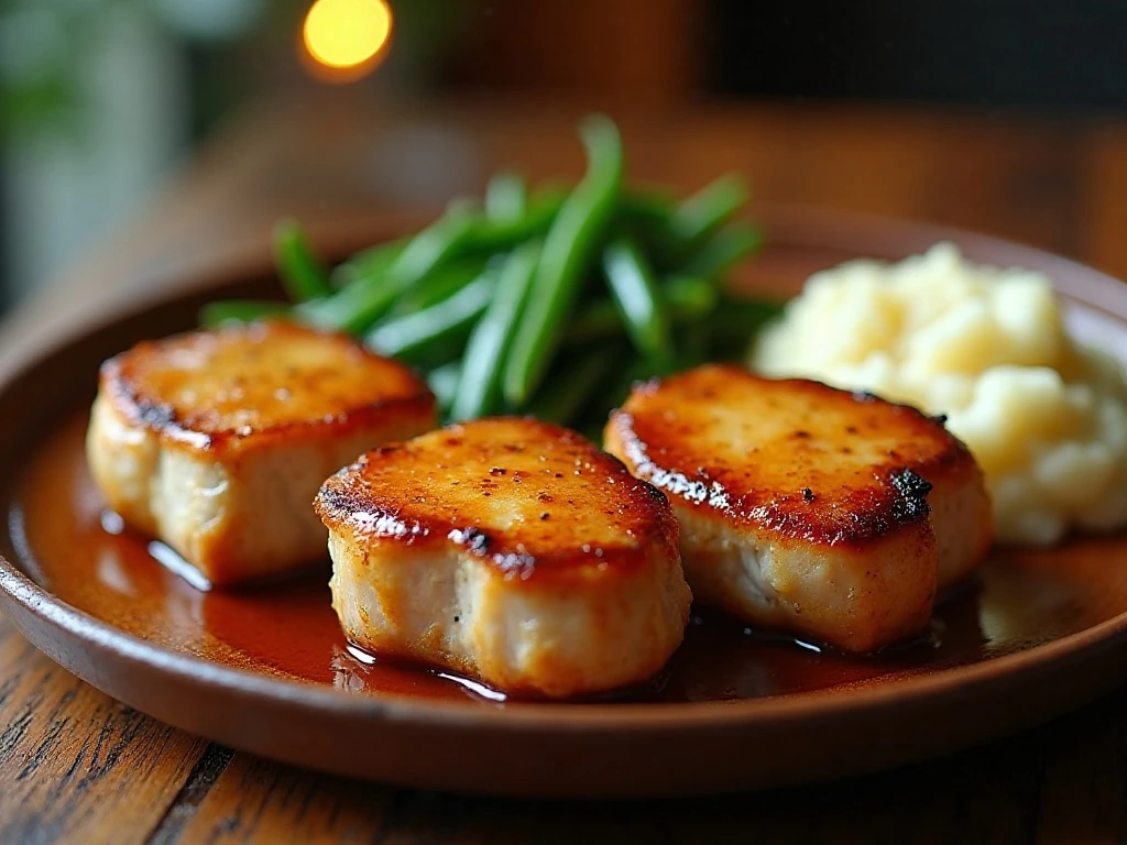 Honey garlic glazed pork chops served with mashed potatoes and green beans