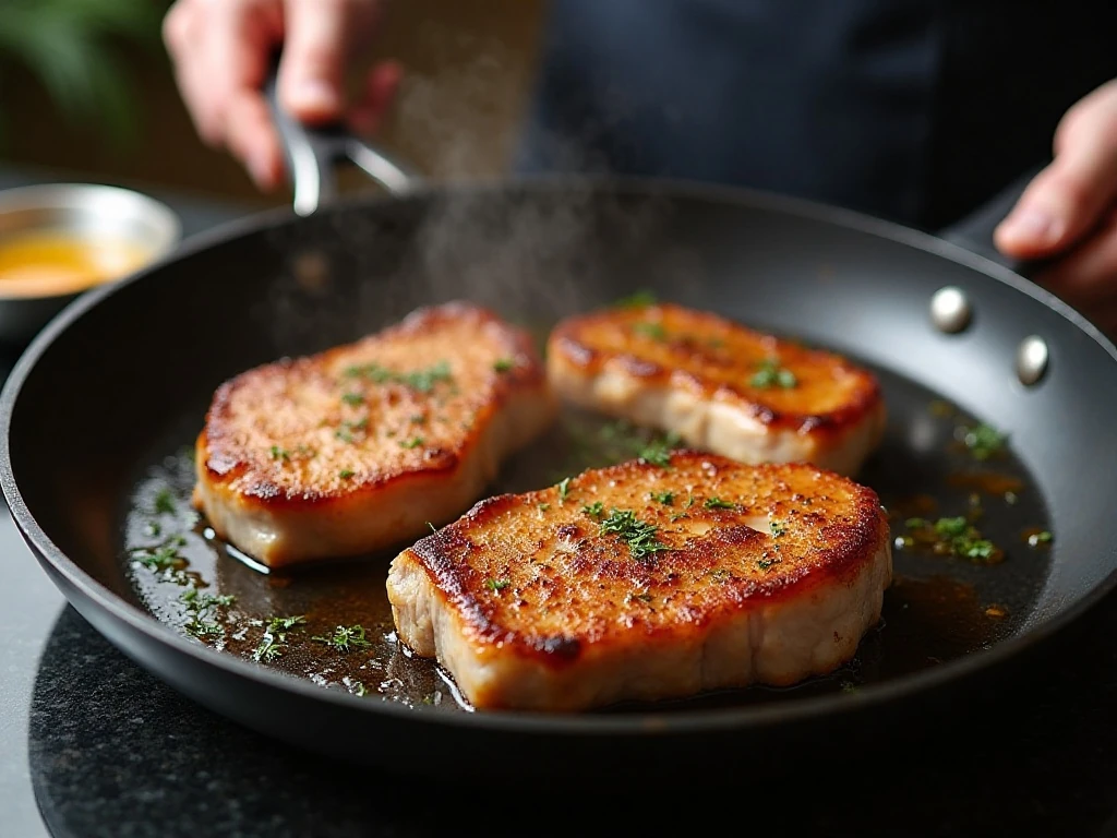 Pork chops searing in a skillet before adding honey garlic glaze