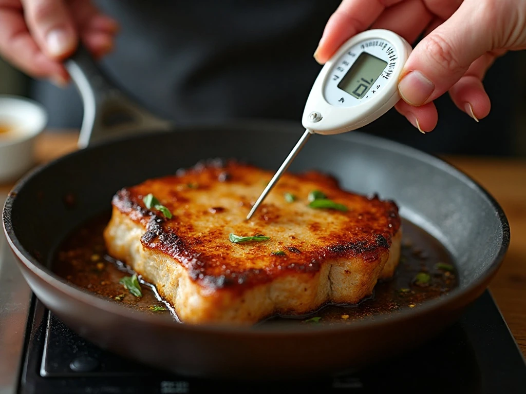 Checking pork chop temperature while honey garlic sauce simmers