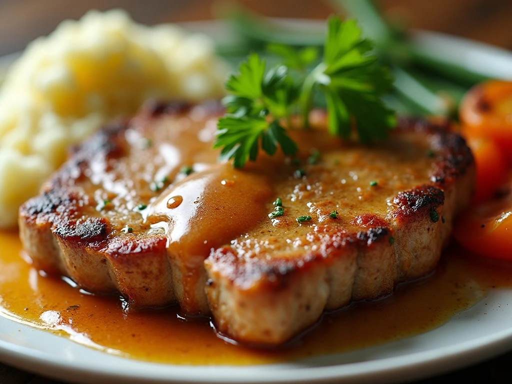 Close-up of honey garlic pork chop with sides and glossy sauce