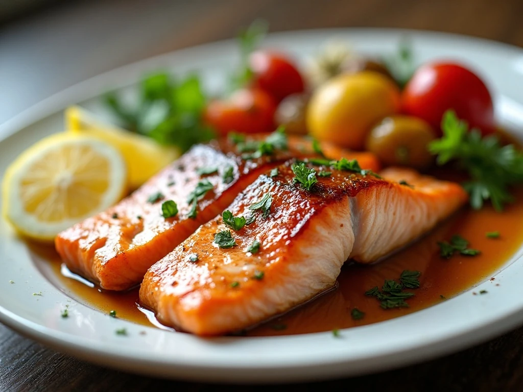 Honey garlic salmon in foil served with lemon wedges and vegetables