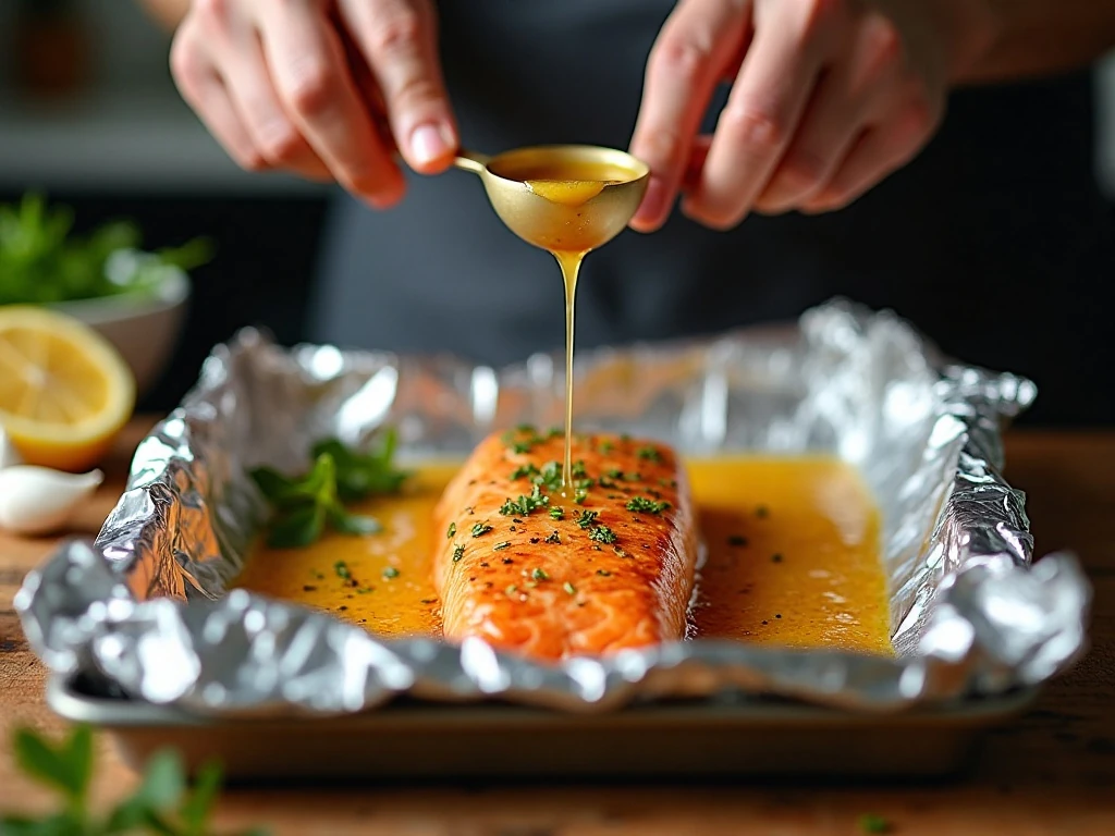 Honey garlic sauce poured over salmon before sealing the foil packet