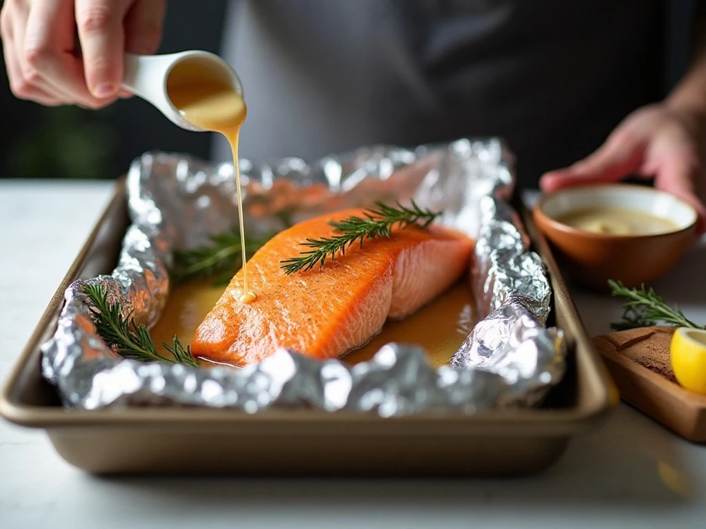 Foil packet salmon ready for baking with sauce and thermometer