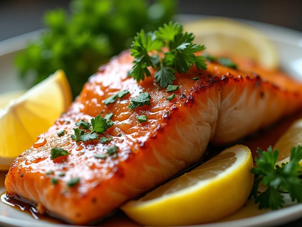 Close-up of honey garlic salmon garnished with parsley and lemon