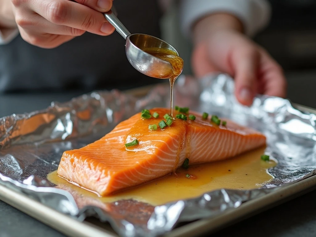 Preparing honey garlic salmon in a foil packet