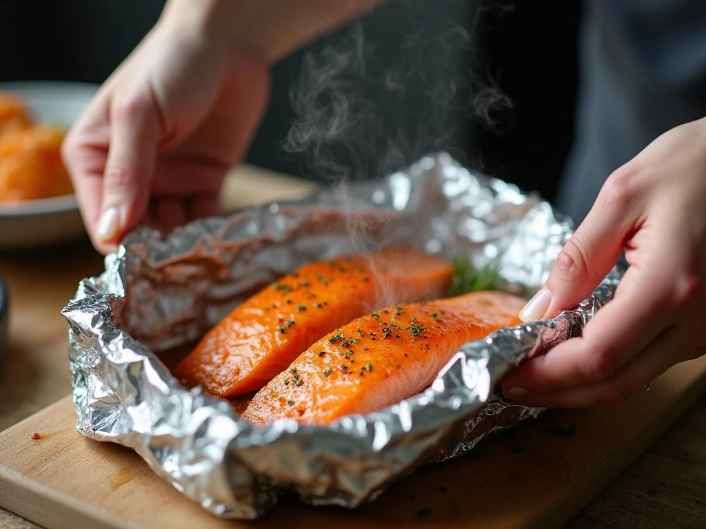 Opening a hot foil packet of baked salmon