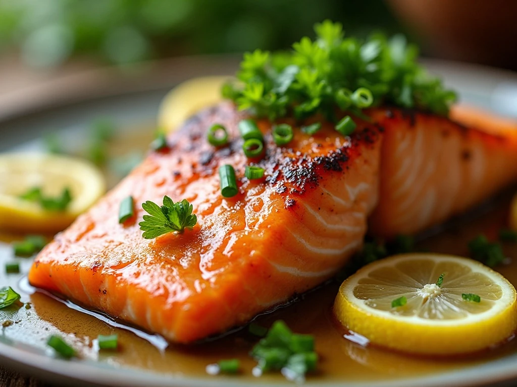 Honey garlic salmon garnished with parsley and lemon