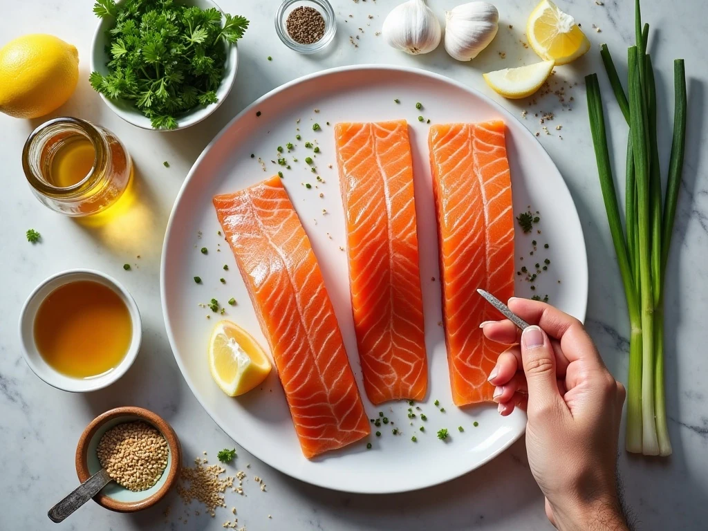 Ingredients for easy honey garlic salmon arranged for cooking