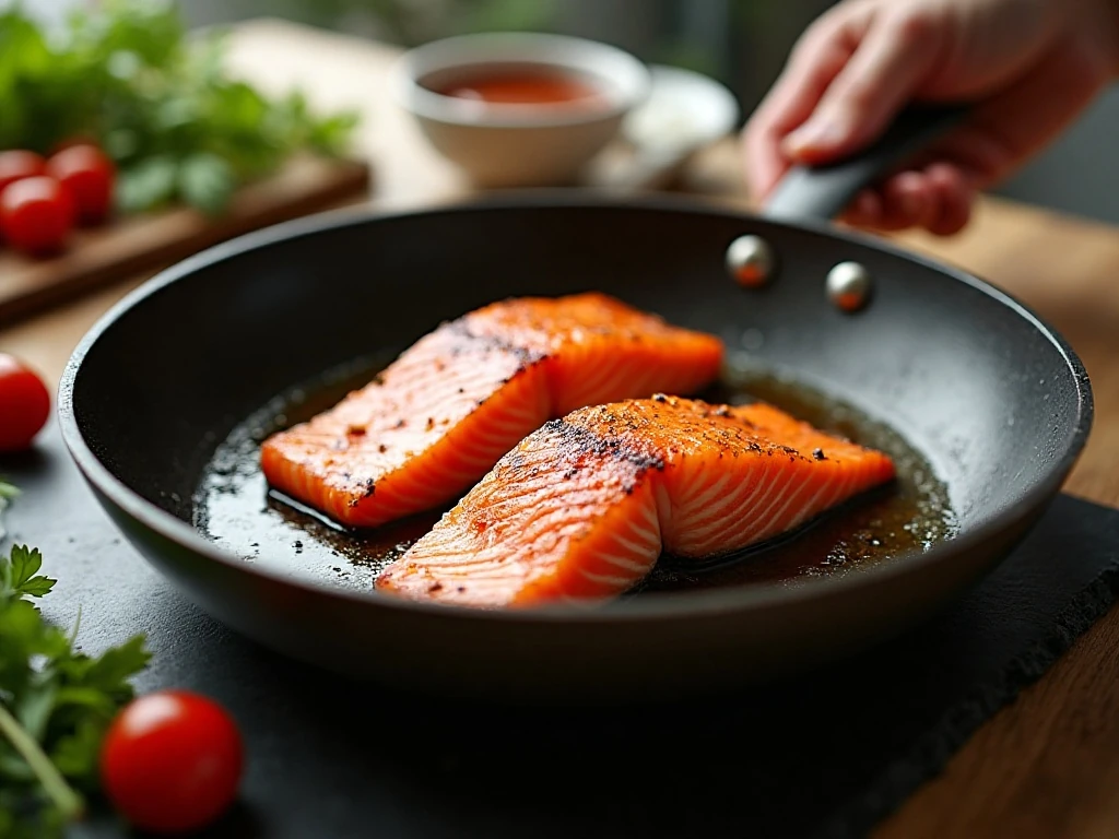 Salmon fillets searing in a skillet before the honey garlic sauce is added