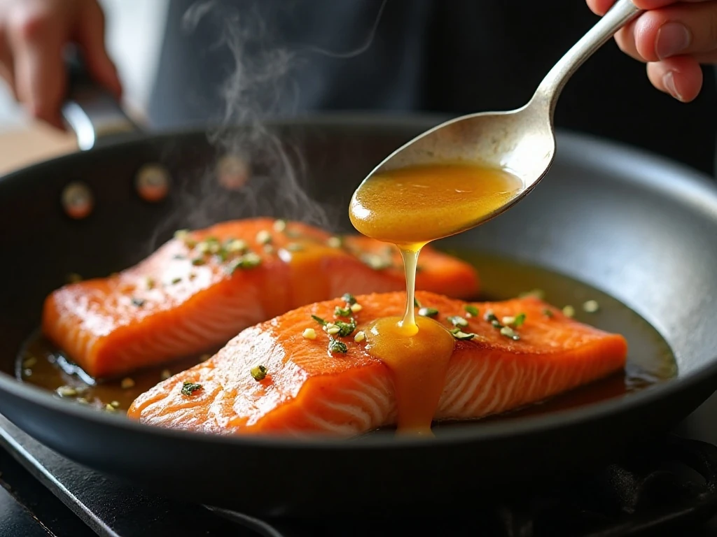 Honey garlic sauce being spooned over seared salmon in a skillet