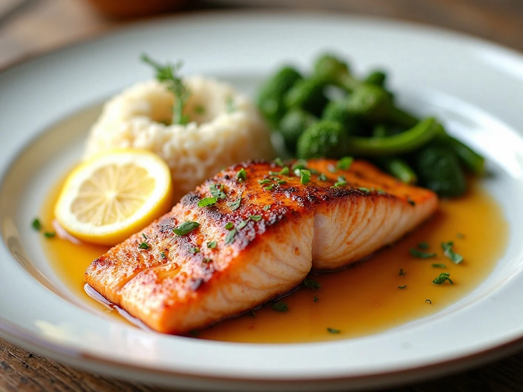Honey garlic salmon served with rice, vegetables, and lemon