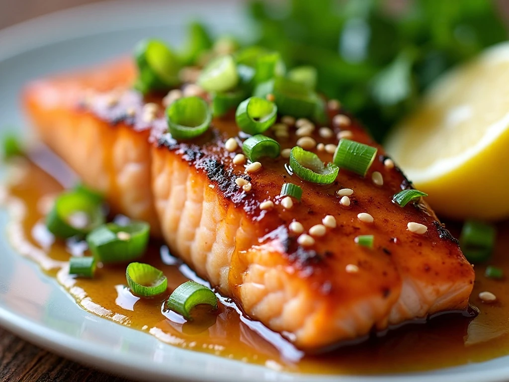 Close-up of honey garlic salmon with green onions, sesame seeds, and parsley