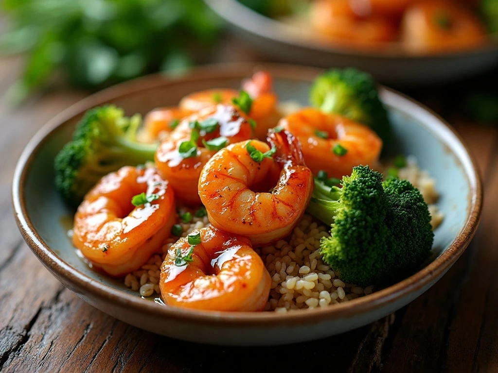 Honey garlic shrimp served with rice and vegetables