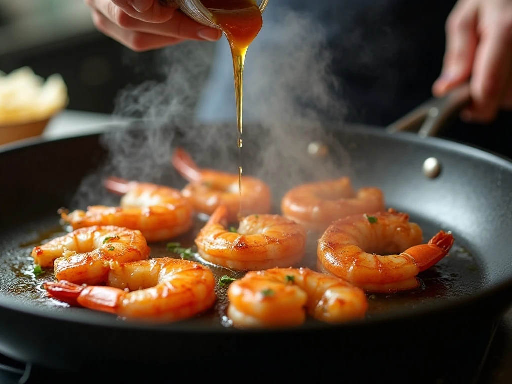 Shrimp searing in a skillet with honey garlic sauce