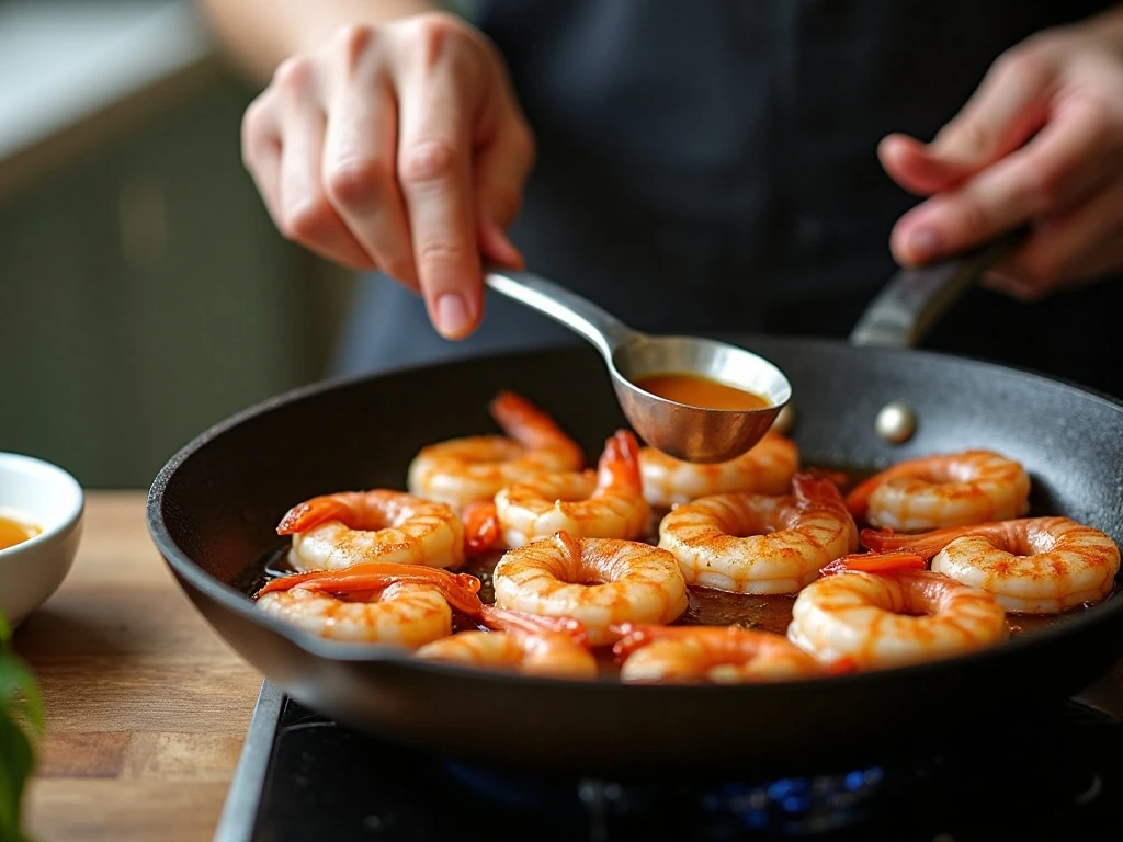 Shrimp seared in a single layer for a honey garlic glaze