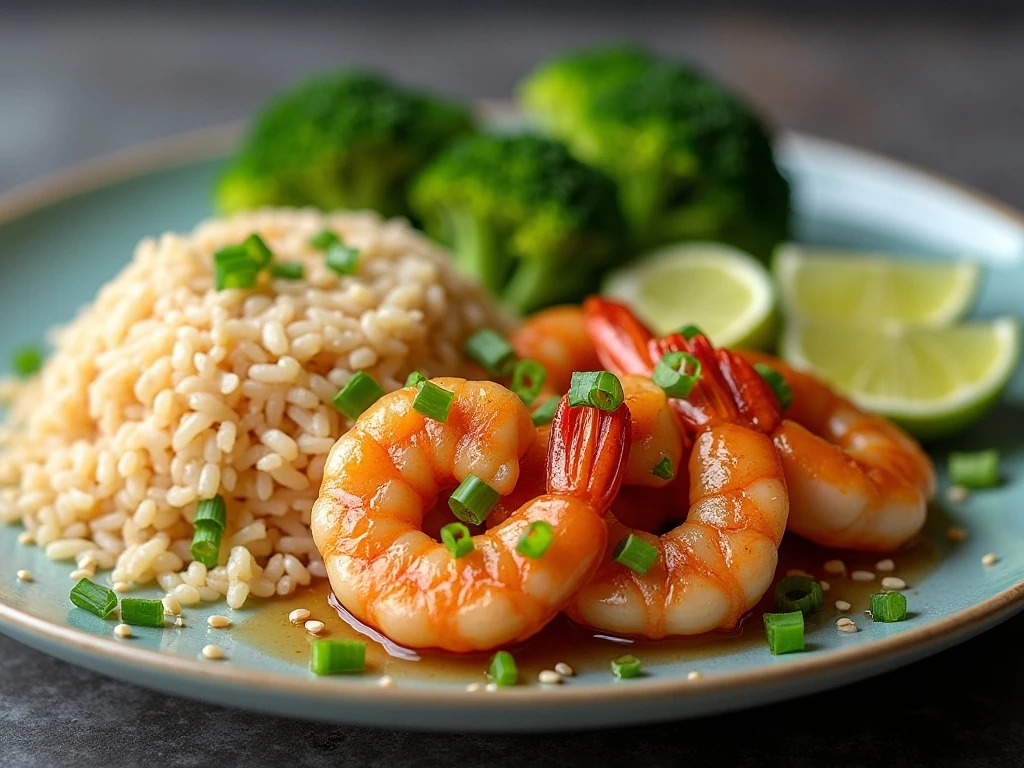 Honey garlic shrimp dinner with rice and broccoli