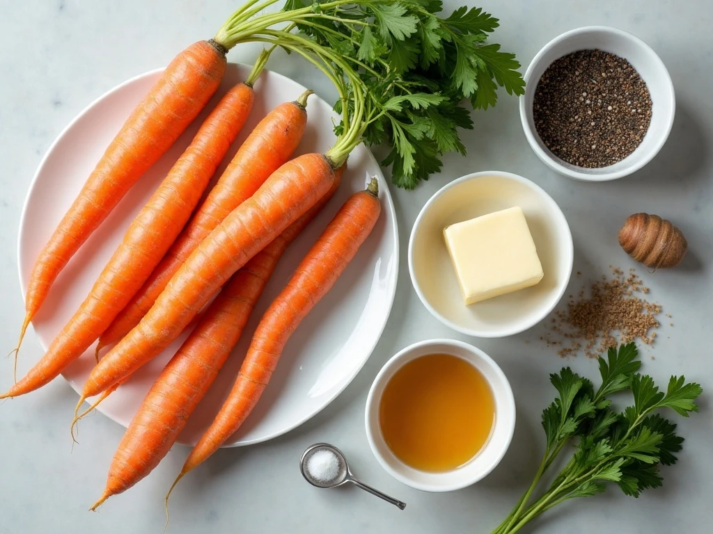 Ingredients for honey-glazed carrots arranged on a kitchen counter