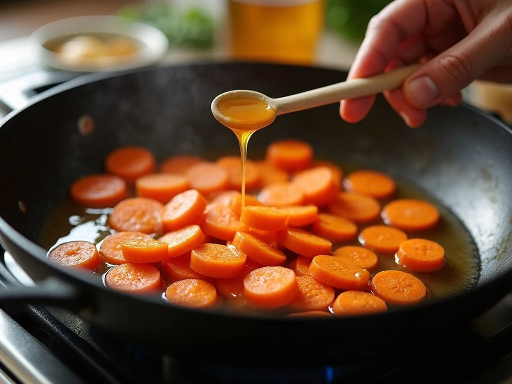 Carrots simmering in butter and honey in a skillet