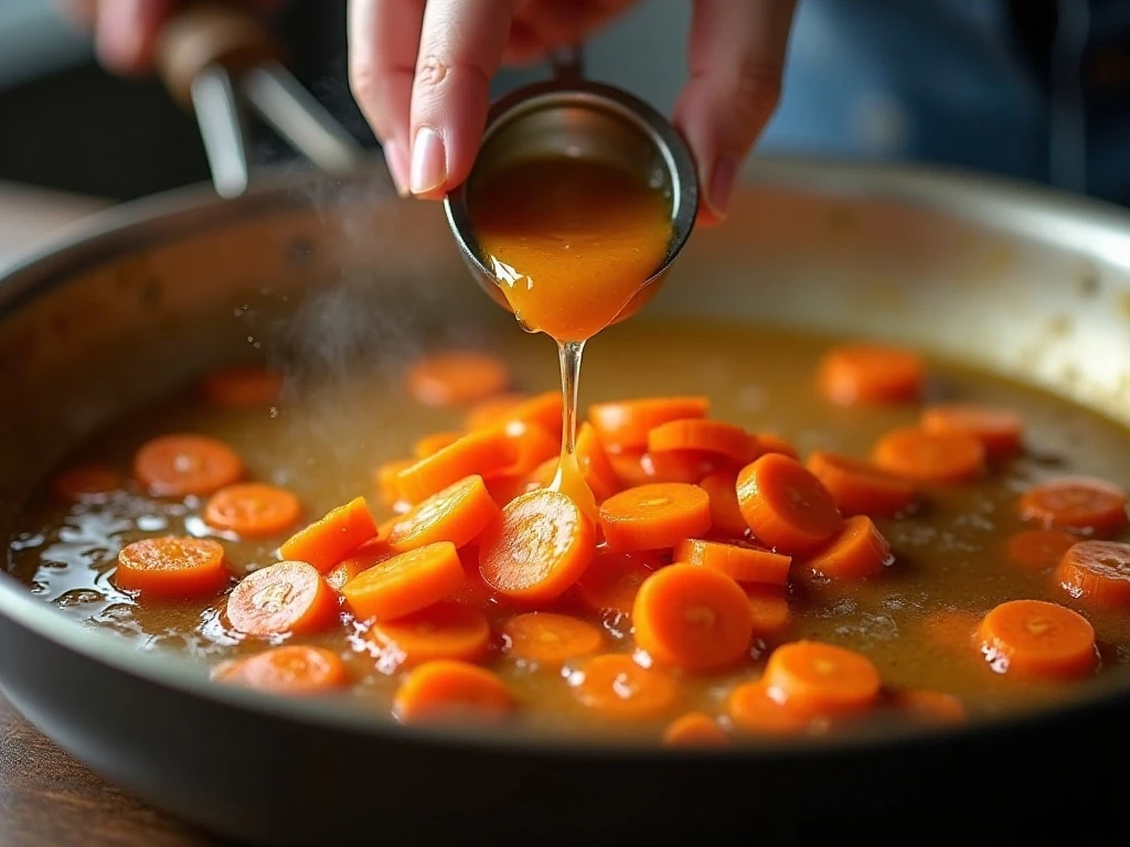 Honey glaze reducing around tender carrots in a skillet