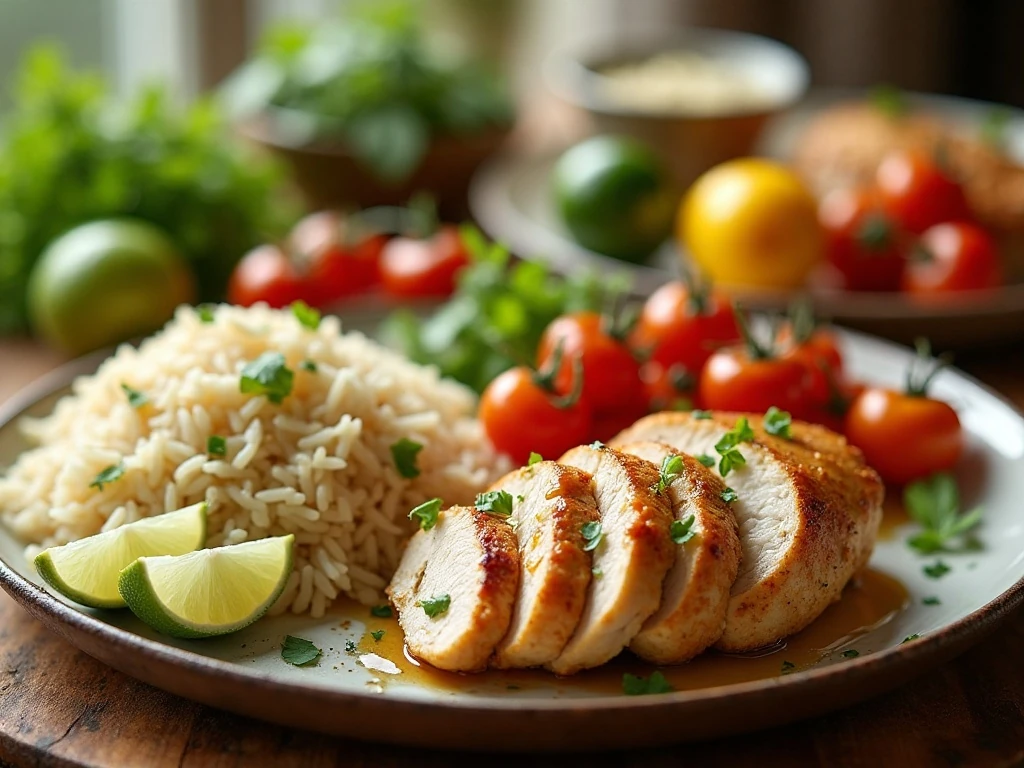 Juicy honey lime chicken served with rice and vegetables