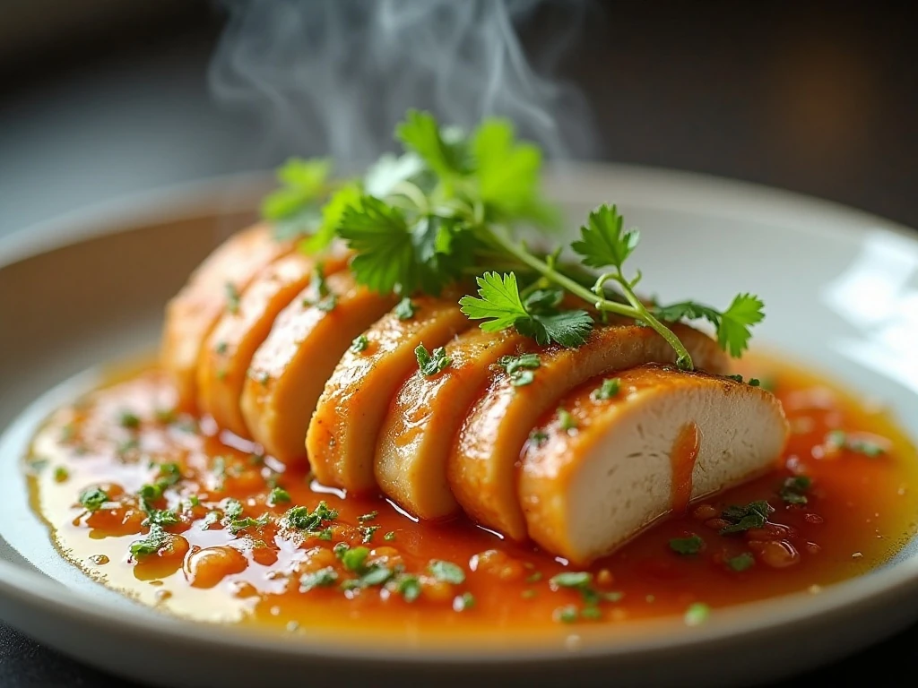Close-up of sliced honey lime chicken with lime zest and cilantro