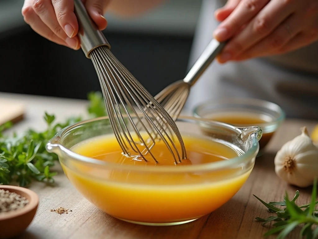 Whisking ingredients to make honey mustard vinaigrette