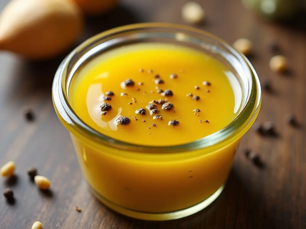 Close-up of golden honey mustard vinaigrette with garlic and pepper