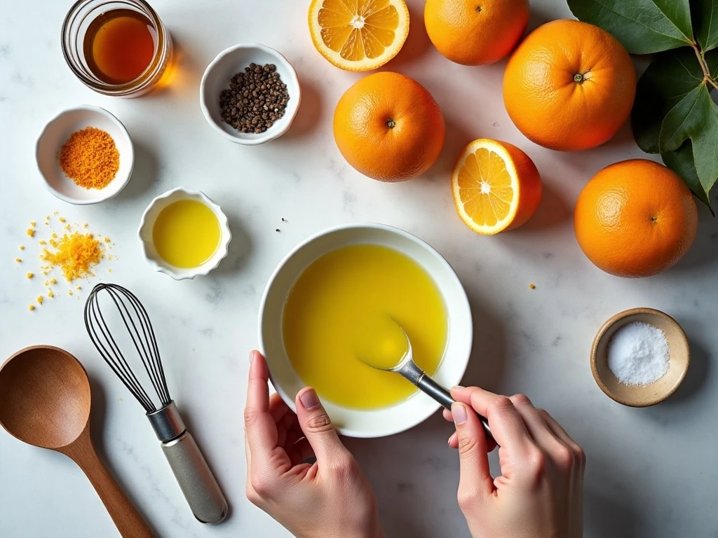 Ingredients for homemade honey orange balsamic vinaigrette
