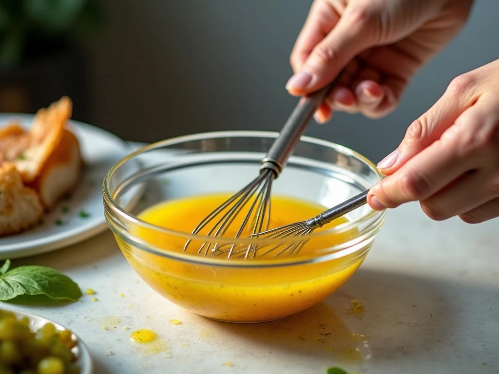 Whisking orange balsamic vinaigrette until emulsified