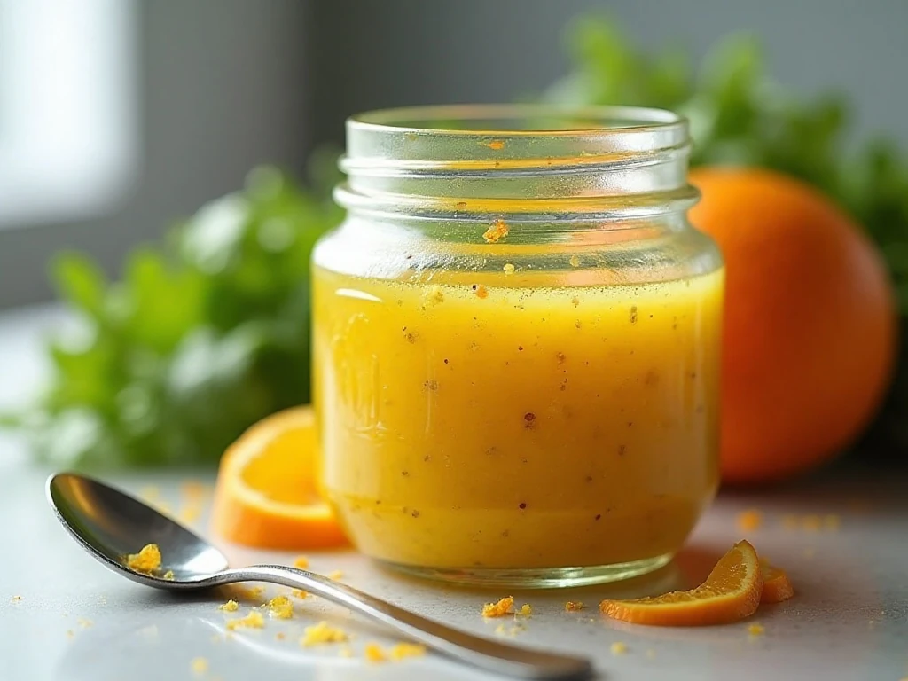 Jar of honey orange balsamic vinaigrette ready for storage