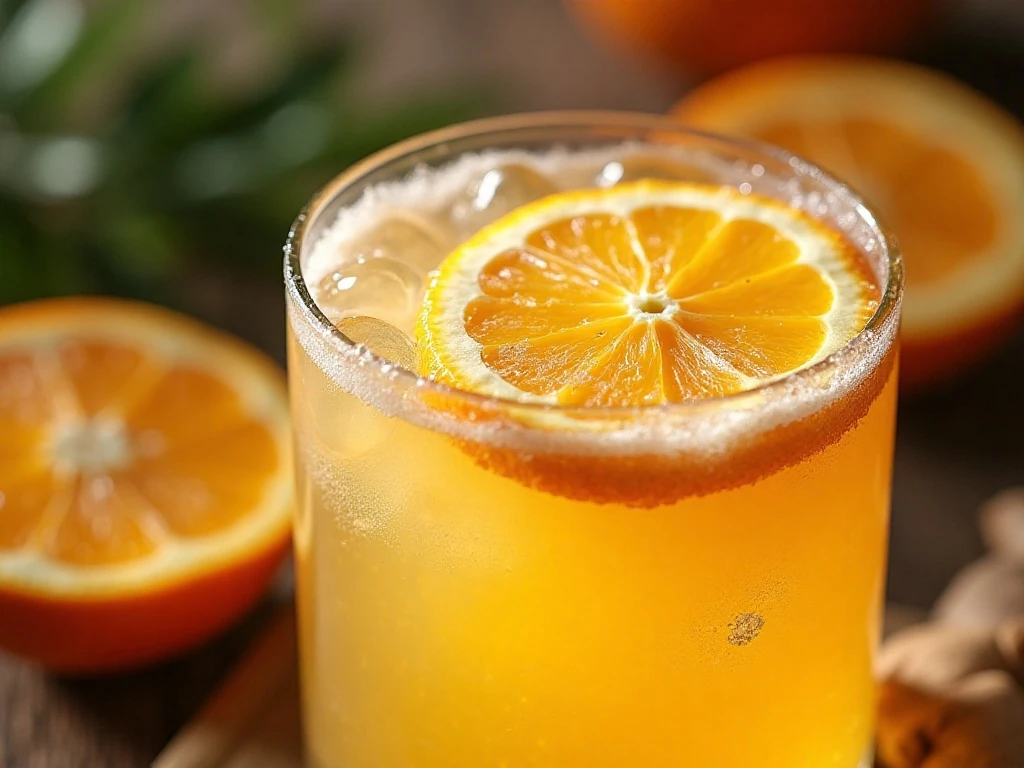 Close-up of orange drink with ginger and citrus garnish