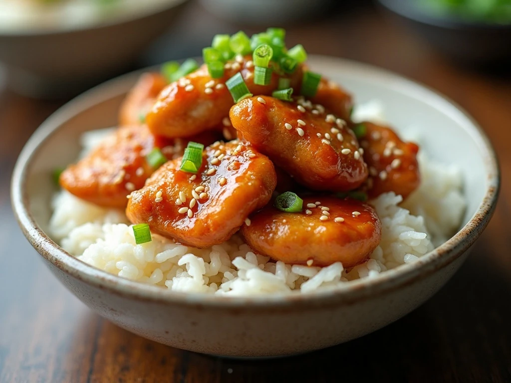 Honey sesame chicken served over white rice with sesame seeds and green onions