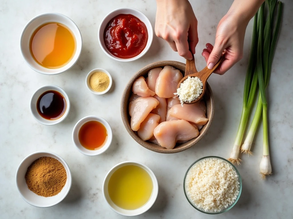 Ingredients for homemade honey sesame chicken arranged on a countertop