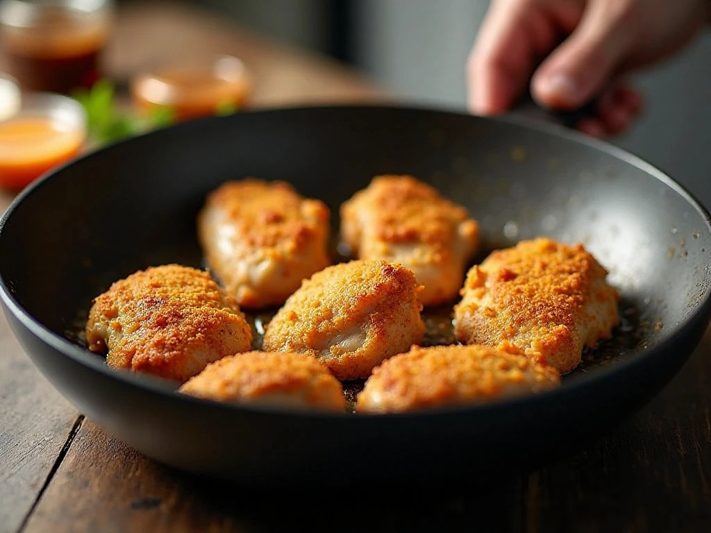 Chicken pieces browning in a skillet for honey sesame chicken