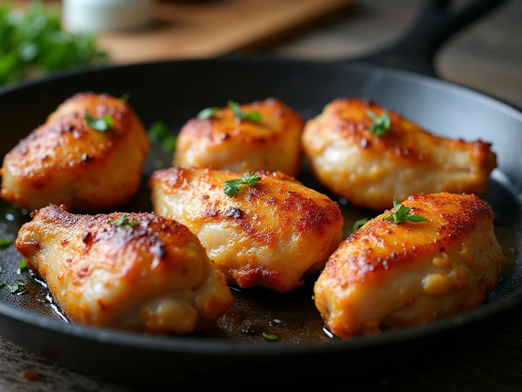 Chicken pieces spaced in a skillet for even crisp browning