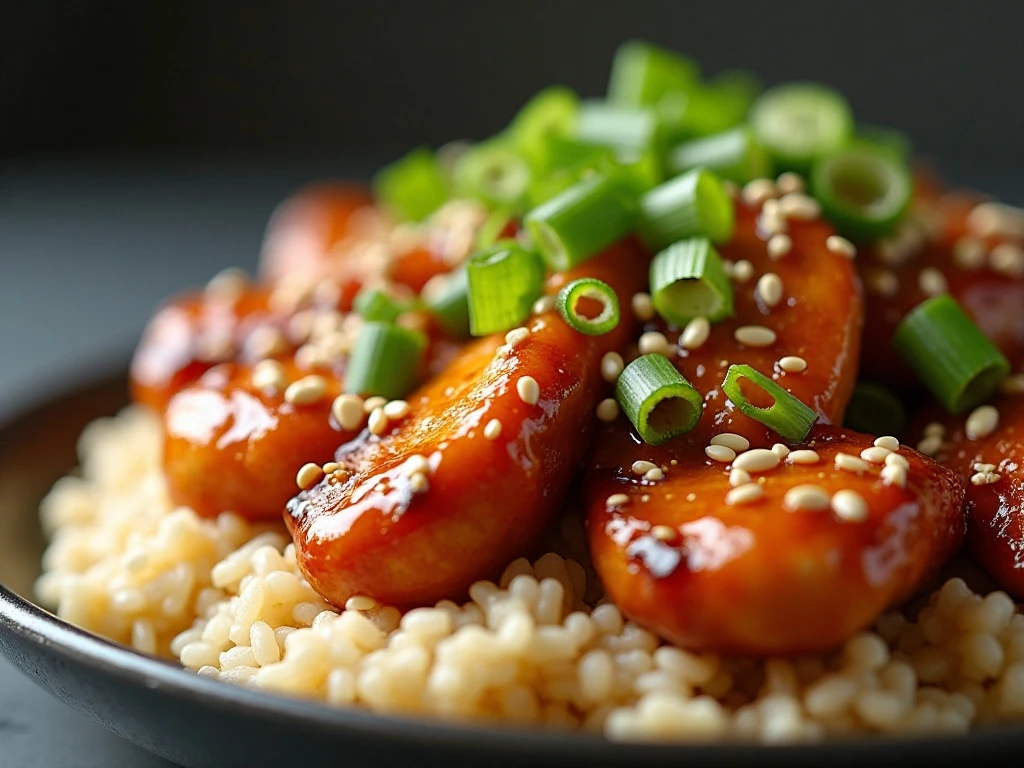 Close-up of sesame seeds and green onions on honey sesame chicken