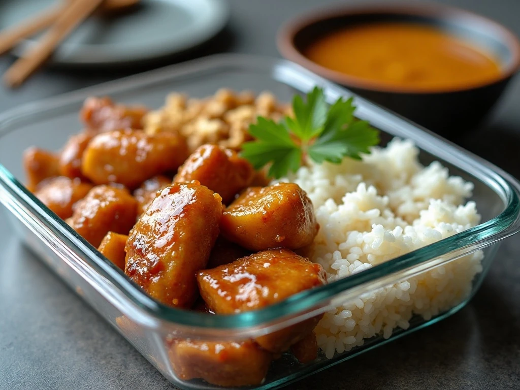 Honey sesame chicken and rice stored for a meal-prep serving