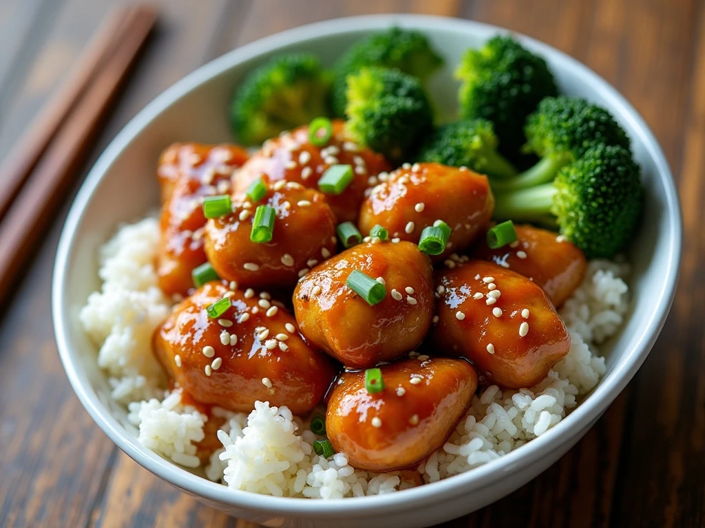 Honey sesame chicken served with rice and broccoli