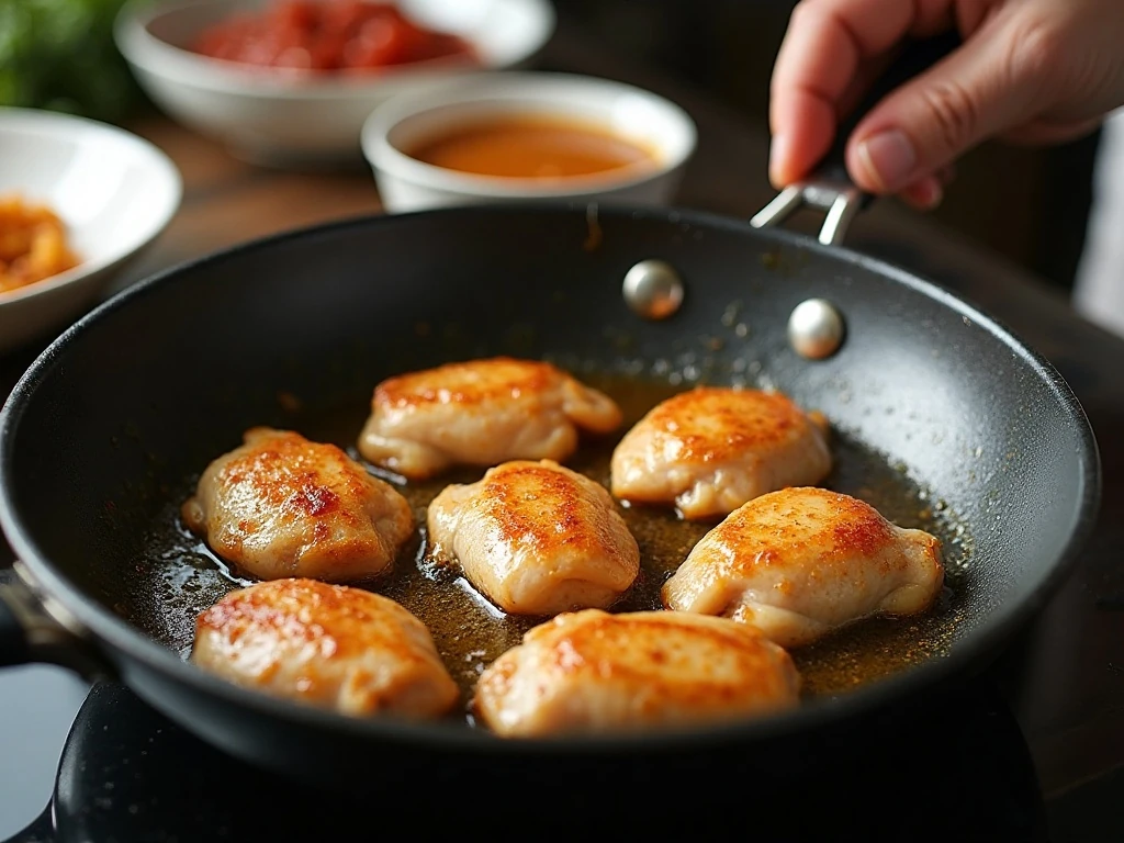 Cornstarch-coated chicken browning in a skillet