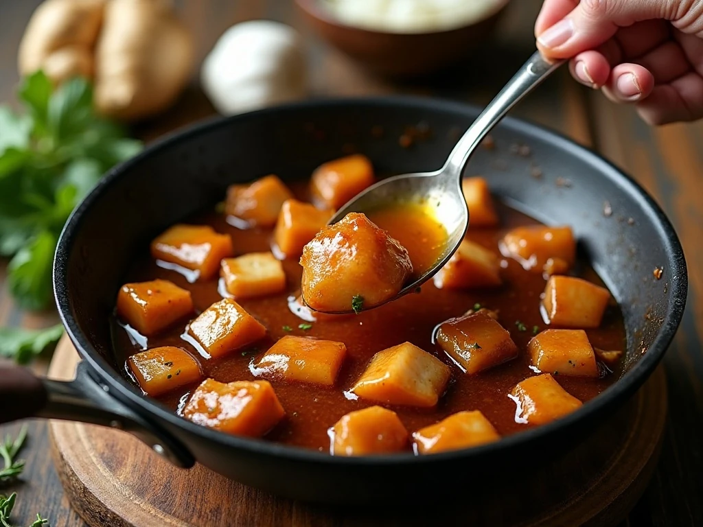 Glossy honey sesame sauce coating chicken