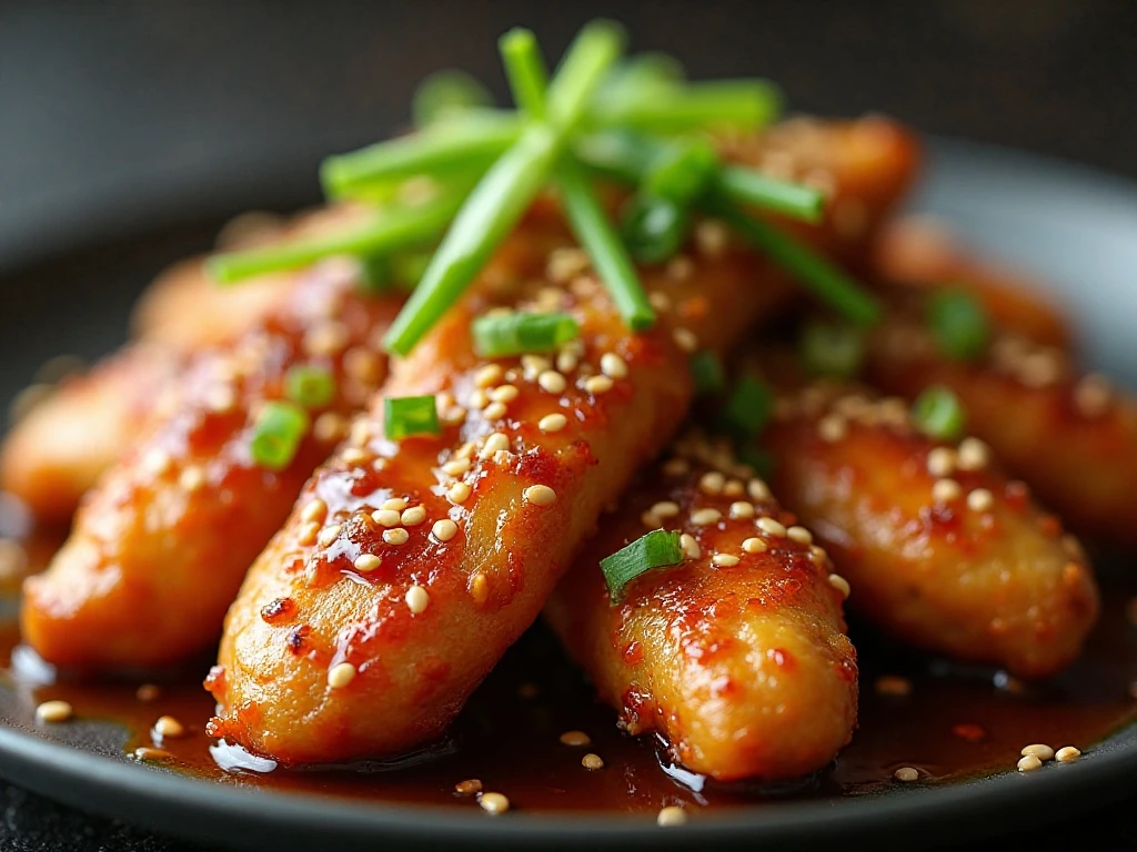 Close-up of sesame seeds and green onions on honey chicken