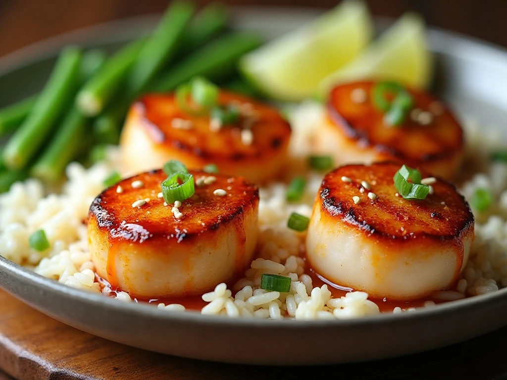 Golden honey Sriracha scallops served with rice and vegetables