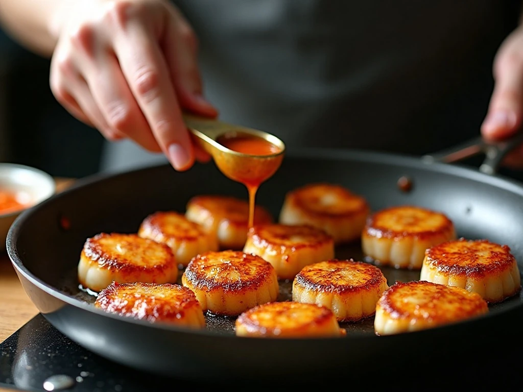 Sea scallops searing in a skillet before glazing
